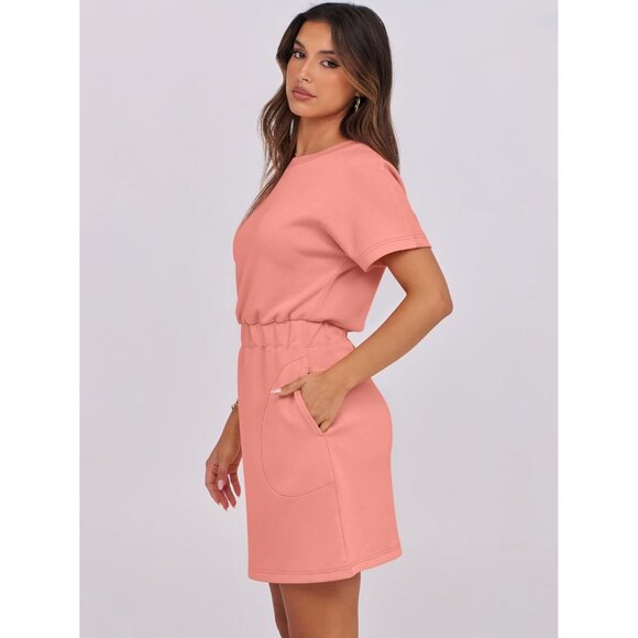 Anrabess Women Coral Crew Neck Elastic Waist Mini T Shirt Dress With Pocket - Picture 4 of 6